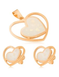 Šperky Eshop - Zlatá sada z oceli - náušnice a přívěsek, bílá perleťová srdce S37.25
