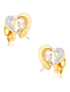 Šperky Eshop - Zlaté náušnice 375 - žluto-bílý obrys srdce, gravírování, zirkon GG36.02