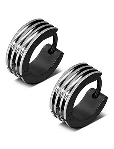 Šperky Eshop - Kruhové náušnice z oceli černé barvy, vyvýšené pásky ve stříbrném odstínu S74.01