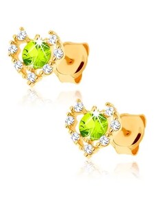 Šperky Eshop - Náušnice ze žlutého 14K zlata - čirý zirkonový obrys srdce, zelený olivín S2GG89.13