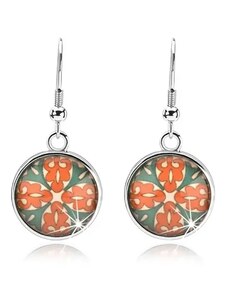 Šperky Eshop - Kabošon náušnice, kruh s glazurou, květ z oranžových a zelených ornamentů SP68.06