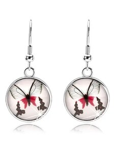 Šperky Eshop - Kruhové náušnice ve stylu kabošon, čiré sklo, červenočerný motýl, afro háčky SP72.14