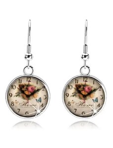 Šperky Eshop - Náušnice, styl cabochon, glazura, obrázek hodinek, růže, anglický nápis SP71.16
