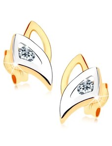 Šperky Eshop - Puzetové náušnice v 9K zlatě - dvoubarevné obrysy trojúhelníků, čirý zirkonek GG76.07