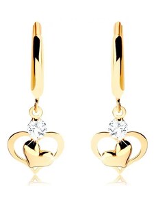Šperky Eshop - Zlaté náušnice 585 - lesklý kruh s visícími srdíčky a čirým zirkonem S2GG93.10