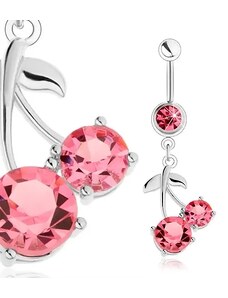 Šperky Eshop - Piercing do bříška z oceli 316L, stříbrný odstín, růžové třešně, lesklé lístky S62.25