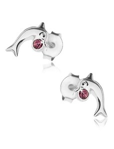 Šperky Eshop - Puzetové náušnice, stříbro 925, lesklý skákající delfín, krystalek fialové barvy PC24.19