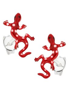 Šperky Eshop - Puzetové náušnice, stříbro 925, puntíkovaná červenobílá ještěrka PC11.10
