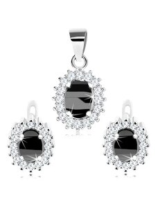 Šperky Eshop - Rhodiovaná sada, stříbro 925, náušnice a přívěsek, černý oválný zirkon, čirý lem R38.23