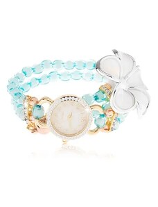 Šperky Eshop - Hodinky s korálkovým modrým náramkem, ciferník se zirkony, bílý květ Z12.01