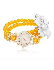 Šperky Eshop - Hodinky se žlutým korálkovým náramkem, bílý květ, ciferník se zirkony Z09.02