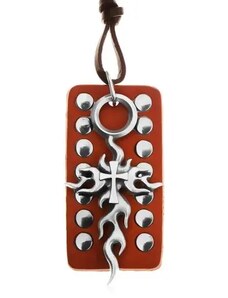 Šperky Eshop - Kožený náhrdelník, nastavitelný - hnědá okovaná známka, Tribal kříž Z17.15