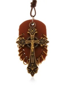 Šperky Eshop - Kožený náhrdelník, přívěsky - hnědý ovál s malými kroužky a keltský kříž Z18.05
