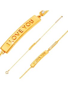 Šperky Eshop - Zlatý náramek 585 - lesklý úzký pás s nápisem I LOVE YOU a čirá zirkonová linie GG137.29