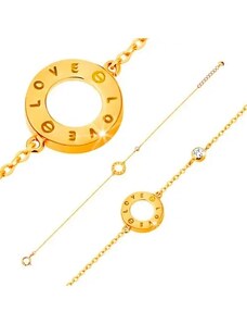 Šperky Eshop - Zlatý náramek 585 - obrys kruhu s nápisy LOVE, zirkon čiré barvy S3GG137.32