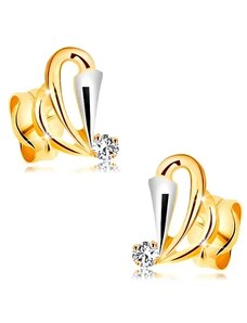 Šperky Eshop - Náušnice ve 14K zlatě - kontury slziček, rozšířený pás z bílého zlata a čirý zirkon GG177.20