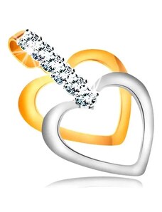 Šperky Eshop - Dvoubarevný přívěsek ve 14K zlatě - úzké kontury souměrných srdcí, pás čirých zirkonů GG177.56