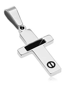 Šperky Eshop - Ocelový přívěsek stříbrné barvy - křížek s černým pásem a šroubkem AA34.19