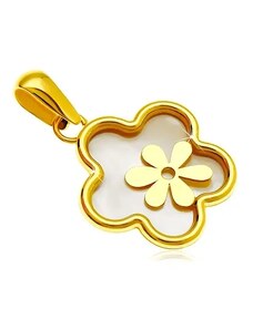 Šperky Eshop - Přívěsek ze žlutého 14K zlata - květ s výplní z perleti a s menším kvítkem GG18.07