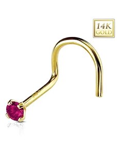 Šperky Eshop - Zahnutý piercing do nosu ze žlutého 14K zlata, kulatý tmavě růžový zirkon, 2 mm S1GG222.24