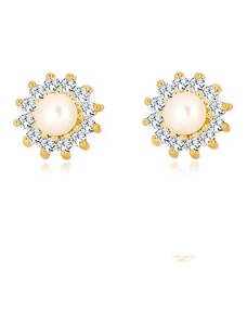 Šperky Eshop - Zlaté 9K náušnice - třpytivý zirkonový květ, perla bílé barvy, puzetky S1GG39.31