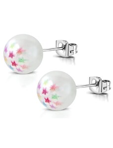 Šperky Eshop - Ocelové náušnice - syntetická perlička bílé barvy, barevné hvězdičky S20.13