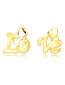 Šperky Eshop - Náušnice v 9K žlutém zlatě - rozdělený nápis "Love", nepravidelná srdíčka, puzetky S1GG54.39