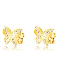 Šperky Eshop - Náušnice ve žlutém zlatě 375 - lesklý motýl, dvě zaoblené zirkonové linie, puzetky S1GG54.44