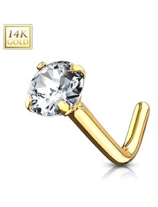 Šperky Eshop - Zahnutý piercing do nosu ze žlutého 585 zlata - kulatý zirkon, čirá barva, kotlík, 0,8 mm S1GG251.25