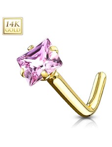 Šperky Eshop - Zahnutý piercing do nosu ze žlutého 14K zlata - čtvercový zirkon, světle růžová barva, 0,8 mm S1GG251.42