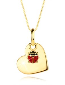 Šperky Eshop - Zlatý 14K náhrdelník - ploché srdce, drobná beruška s červenými křídly S3GG253.21