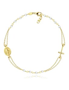Šperky Eshop - Náramek ze žlutého zlata 585 - medailon s Pannou Marií, křížek, syntetické perly S5GG254.07