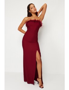 Trendyol Burgundy Fitted Weave O-Neck Evening Evening Dress