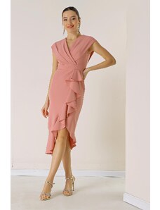 By Saygı Double Breasted Collar Front Flounce Lined Crepe Dress