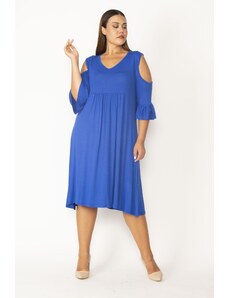 Şans Women's Plus Size Saxe Blue Decollete Chest Gathering And Flounce Sleeve Detailed Viscose Dress