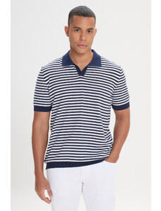 AC&Co / Altınyıldız Classics Men's Navy Blue-White Standard Fit Regular Cut Polo Neck 100% Cotton Short Sleeves Striped Knitwear T-Shirt.