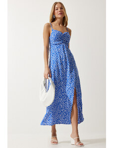 Happiness İstanbul Women's Blue Strap Patterned Viscose Dress