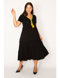 Şans Women's Plus Size Yellow Collar Accessory Tiered Long Viscose Dress