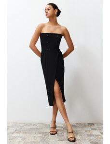 Trendyol Black Buttoned Strapless Wrapped Elastic Knitted Midi Dress