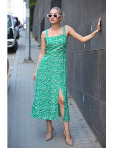 Madmext Green Patterned Slit Long Dress
