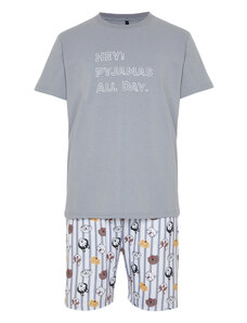 Trendyol Gray Regular Fit Printed Knitted Shorts Pajamas Set