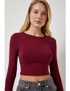 Happiness İstanbul Women Burgundy Crew Neck Basic Crop Knitted Blouse