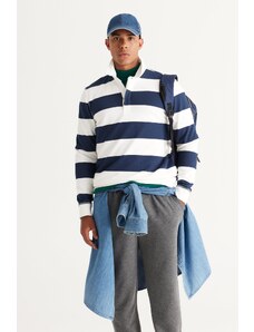 AC&Co / Altınyıldız Classics Men's Ecru-Navy Blue Standard Fit Normal Cut Inner Fleece 3 Thread Polo Neck Cotton Sweatshirt