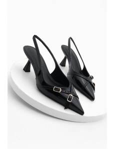 Marjin Women's Pointed Toe Open Back Thin Heel Classic Heel Shoes Kesef Black Patent Leather