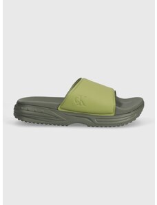 Pantofle Calvin Klein Jeans CHUNKY COMF SLIDE MINIMAL RAW pánské, zelená barva, YM0YM00956