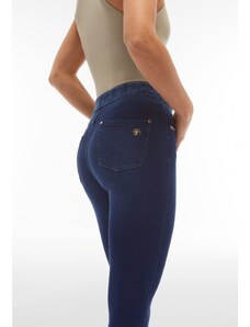 Freddy kalhoty N.O.W. v džínové modré barvě, modrý šev, rozparek na přední části kalhot, superskinny střih, 7/8 délka, vysoký pas, organická bavlna