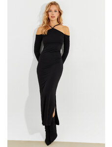 Cool & Sexy Women's Black Front Window Slit Maxi Dress