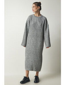 Happiness İstanbul Women's Gray Knitted Detailed Thick Oversize Knitwear Dress