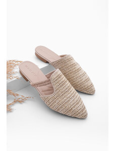 Marjin Women's Stone Straw Detail Daily Slippers Velon Beige