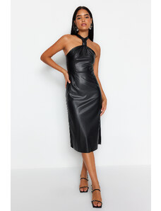 Trendyol Black Fitted Midi Faux Leather Woven Dress